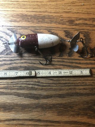 Vintage 4” Wooden Fishing Lure,  Red And White,  2 Hooks And 2 Spinners 7” Overall