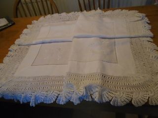 Antique Hand Embroidered Irish Linen Tablecloth - Hand Crochet Lace Border
