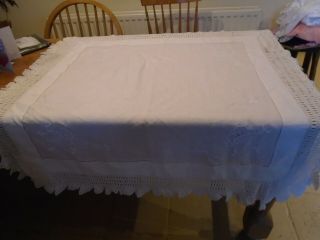 ANTIQUE HAND EMBROIDERED IRISH LINEN TABLECLOTH - HAND CROCHET LACE BORDER 2