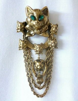 Rare Vintage Joseff Of Hollywood Cat Kitty Dangle Large Brooch Pin Kittens 4.  75 "