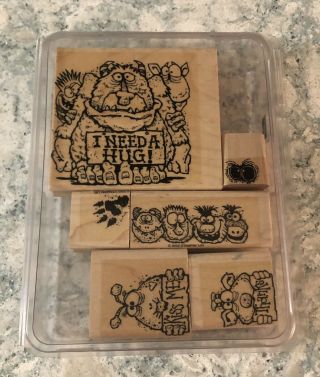 Stampin Up 2002 Monster Mania - Rare,  Wood Mounted 6 Piece Set Never Inked