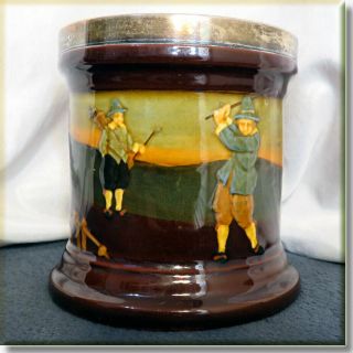 Very Rare Royal Doulton Kingsware Crombie Golfing Tobacco Jar W/silver Rim