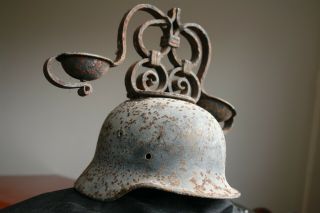 Rare 14 " Ww2 German Helmet Trench Art Candle Stick Holder 1943