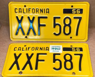 Rare Pair 1956 Dmv Clear Xxf 587 (california) Car License Plate - Vintage