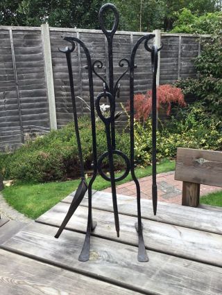 Vintage Tall Black Wrought Iron 4 Piece Fireside Companion Stand & 3 Tools Af