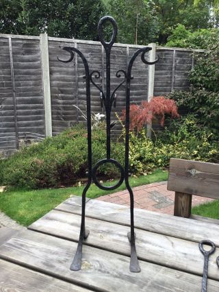Vintage Tall Black Wrought Iron 4 Piece Fireside Companion Stand & 3 Tools AF 2