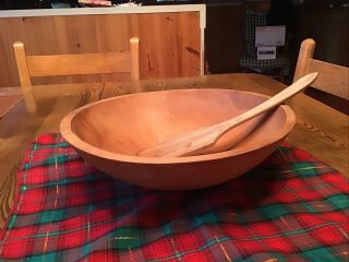 Vintage Primitive 12 Inch Diameter Wood Bowl With Butter Paddle