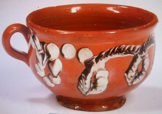 Very Rare Antique Redware Mug Or Porringer With Slip Mocha Earthworm Decoration