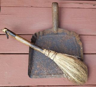 Antique Primitive Hearth Broom & Vintage Metal Dustpan Farmhouse Peg Rack Decor