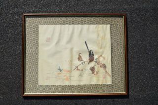 Chinese School Silk Painting Framed Early 20th Century Four Seals Bird Shrimps