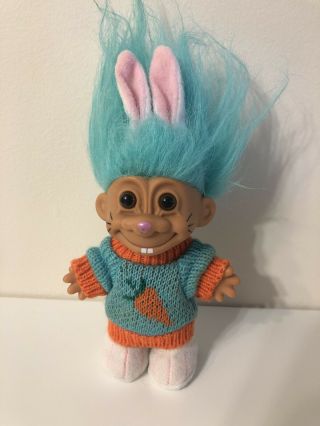 Russ Troll Doll Easter Bunny Aqua Blue Hair 5 " Wacky Wabbit Carrot Sweater Rare