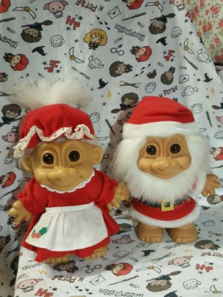 Rare Vintage Large 7 " Russ Trolls Mr & Mrs Santa Claus Father Christmas