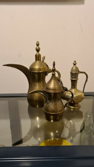 3x Antique / Vintage Brass Dallah Arabic Middle Eastern Coffee Tea Pot Omani
