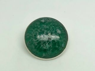 Antique Arts & Crafts Sterling Silver Mottled Green Glass Round Cabochon Brooch
