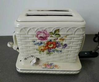 Rare Antique Porcelier Electric Toaster 1930s Basketweave Wildflowers No Cracks