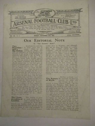 Ultra - Rare Pre - Ww2 War Football Programme Arsenal V West Ham United 1923