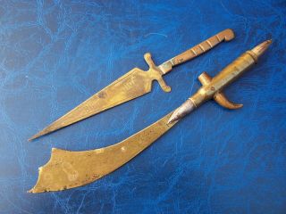 2 X Antique Ww1 Brass Trench Art Souvenir Sword Paper Knife Letter Openers Vgc