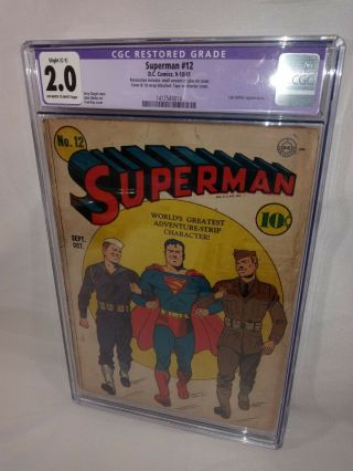 Rare 1941 Superman 12 Cgc 2.  0 Slight Restoration Off - White To White Pages