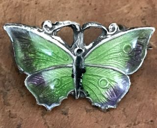 Antique Art Nouveau Sterling Silver And Enamel Little Butterfly Brooch/pin