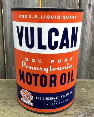 Vtg Vulcan 100 Pennsylvania Motor Oil 1 Quart Oil Can Tin Cincinnati Ohio Rare
