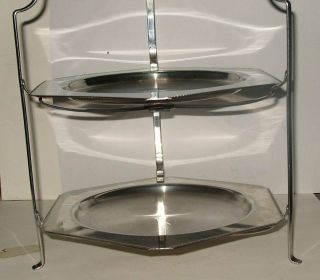 Vintage Old Olde Hall Stainless Steel 2 Tier Folding Cake Stand Hexagonal Plates 2
