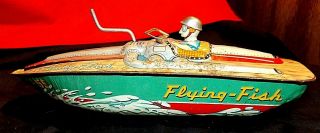 Asahiloy Tin Friction Speed Boat Toy 11.  5 " Vintage " Flying Fish F - 55 " Japan Rare