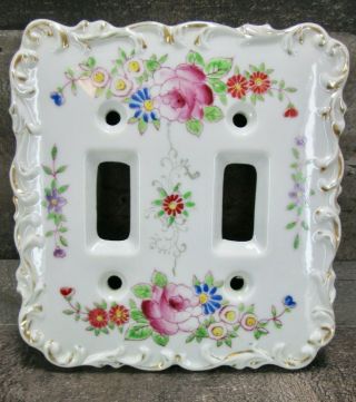 Vintage Hand Painted Ceramic Floral Flower Double Light Switch Cover Betson