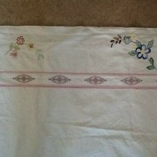 Vintage French White Linen/metis Sheet.  With Unusual & Hand Embroidery.