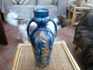 Vintage Art Nouveau Studio Design 2 Handled Heavy Glazed Stoneware Vase 11 1/2 "