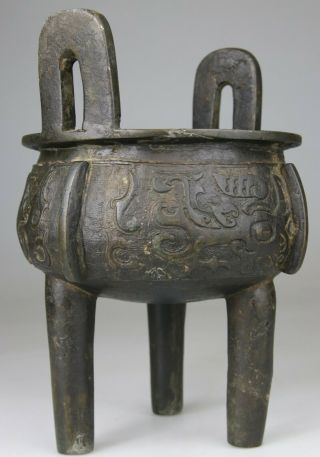 ANTIQUE RARE CHINESE BRONZE CENSER VASE INCENSE CARVED - MING QING 17TH 18TH 3