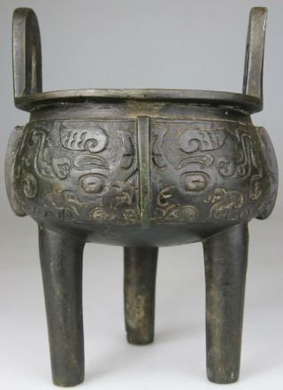 ANTIQUE RARE CHINESE BRONZE CENSER VASE INCENSE CARVED - MING QING 17TH 18TH 4