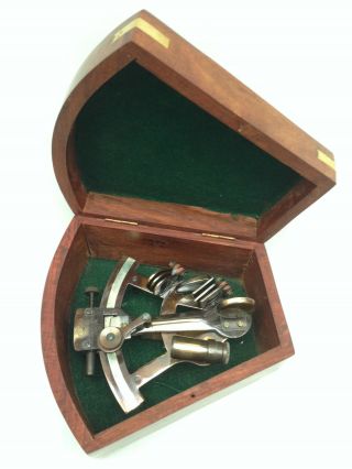 Brass Sextant Compass Nautical Marine Solid Antique Finish In Wooden Box - Gift