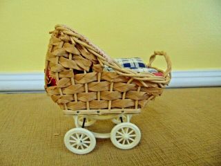 Antique Vtg Wicker Baby Doll Carriage Stroller Blanket Pillow West Germany Toy