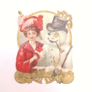 Vintage Antique Christmas Card - Woman In Red Dress With Snowman Top Hat Monocle
