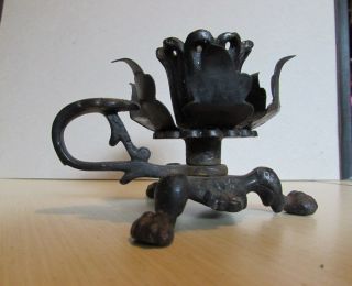 Antique Cast Iron 3 Footed Nappy Handled Candlestick Holder