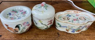 3 Rare 19th Century Chinese Famille Rose Pots And Cover