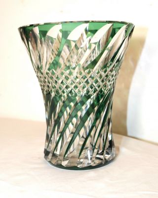 Rare Val Saint Lambert Vintage Hand Wheel Cut To Clear Green Glass Crystal Vase