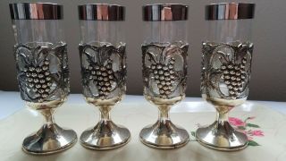Vintage Set Of 4 Holiday Imports Silver Plated Grapes W/ Glass Goblets Apx 7 "