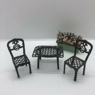 Vtg Dollhouse Miniature Fairy Garden Metal Table & Chair Patio Set Rusty Planter