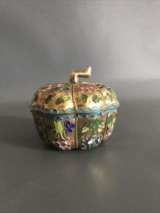 Vintage Chinese Cloisonne Pumpkin Trinket Box Gilt Metal And Enamel 2