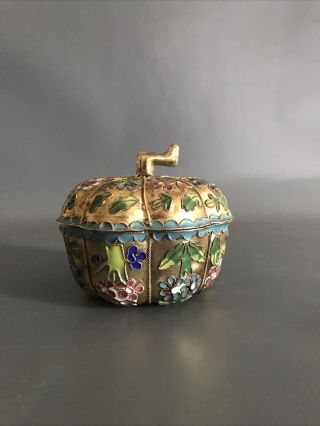 Vintage Chinese Cloisonne Pumpkin Trinket Box Gilt Metal And Enamel 3