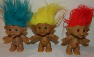 Vintage 4 " Treasure Troll Dolls - Ace Novelty - Yellow,  Blue,  & Red Hair W/gems