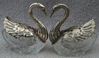 2 Salts Form Of Swan Glass Body Silver Plate? Head And Articulated Wings 3x3ins