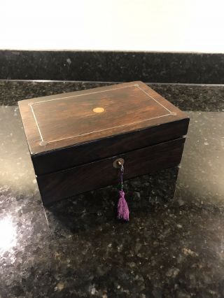 Victorian Antique Rosewood Inlaid Jewellery Box With Brass Lock And Hinges