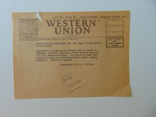 Rare Western Union Telegram From Congressman Philbin To General Macarthur