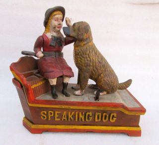 Vintage Old Collectible Rare Cast Iron Speaking Dog Mechanical Bank Coin Bank