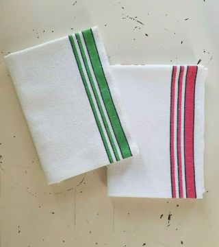 (2) Vintage White Cotton Kitchen Dish Towels Pastry Cloth Red Green Stripe