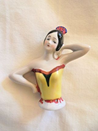 Antique Vintage Germany Glazed Porcelain Half Doll Yellow Bodice Pin Cushion