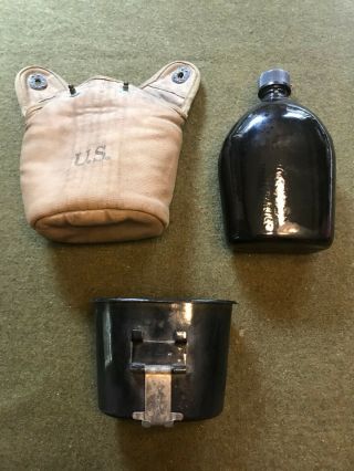 Rare Ww2 Us Black Porcelain Enamel Canteen & Cup & Cover All 1942 Dated