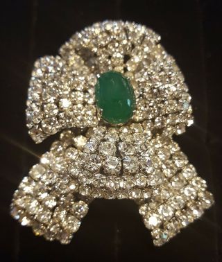 Extremely Rare Christian Dior 1963 Rhinestone & Cabochon Green Bow Brooch